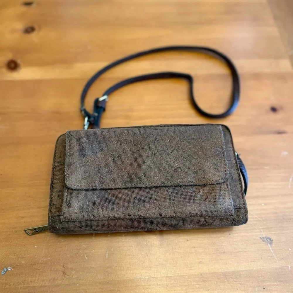 Patricia Nash Brown Metallic Wallet Purse Crossbody Brown Leather Minimalist